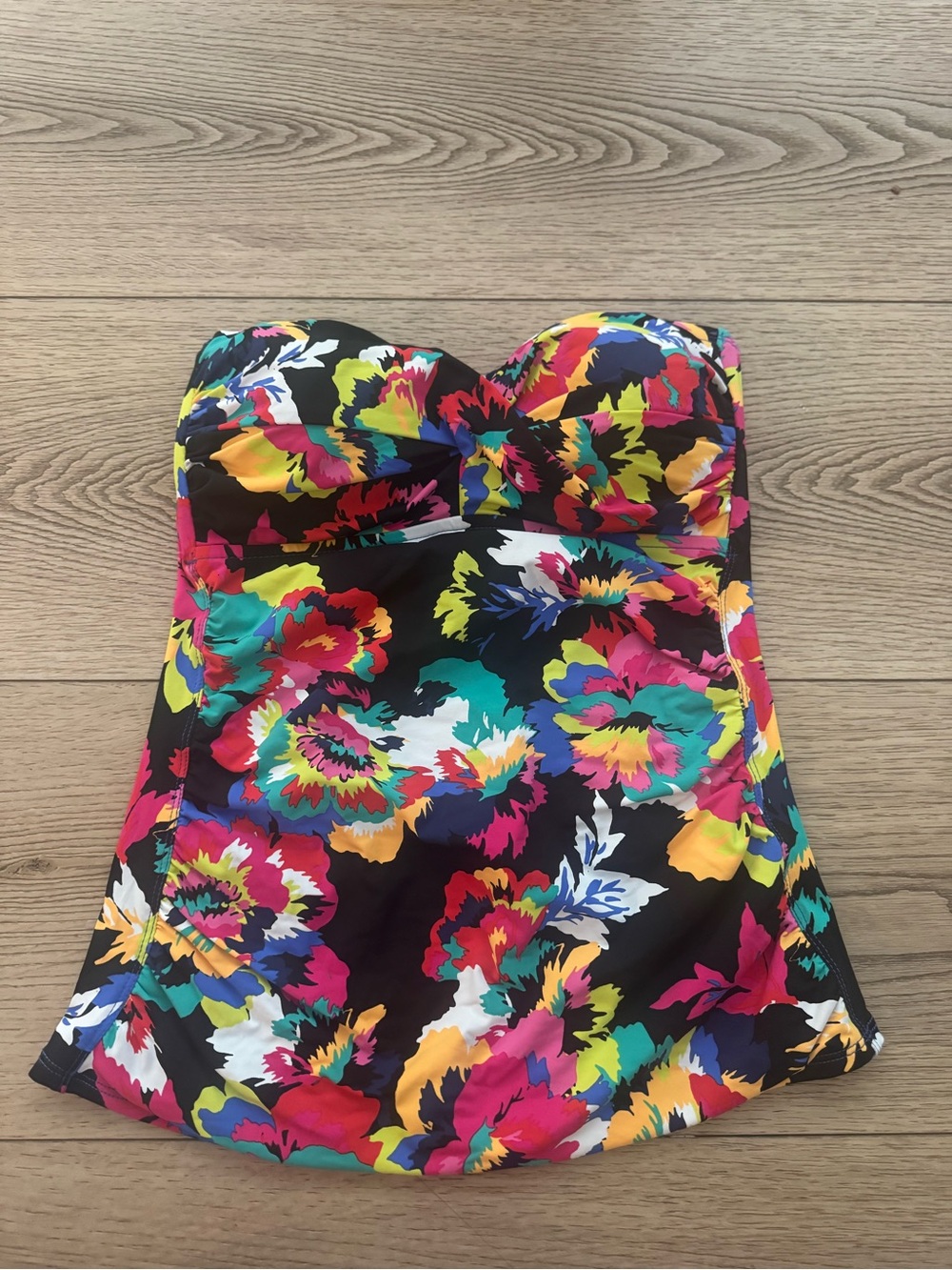 Anne Cole Black Swimsuit top with Bright Multicolor Floral Print